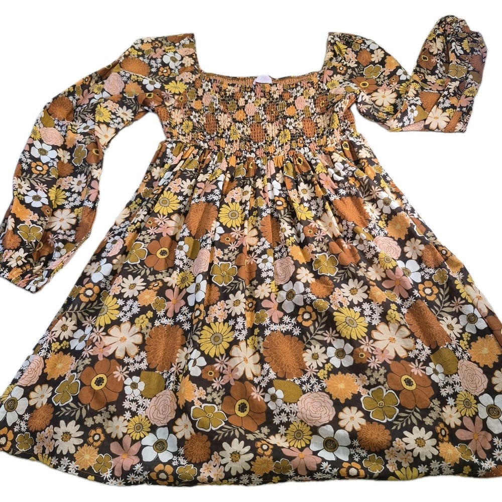 Pink Lily Daisy Dreamin Retro 70s Fall Floral Smocked Mini Dress Extra Large